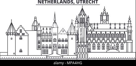 Niederlande, Utrecht Linie skyline Vector Illustration. Niederlande, Utrecht lineare Stadtbild mit berühmten Wahrzeichen und Sehenswürdigkeiten der Stadt, Vektor Landschaft. Stock Vektor