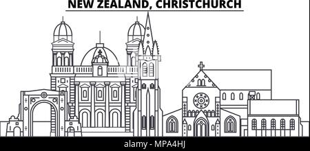 Neuseeland, Christchurch Linie skyline Vector Illustration. Neuseeland, Christchurch lineare Stadtbild mit berühmten Wahrzeichen und Sehenswürdigkeiten der Stadt, Vektor Landschaft. Stock Vektor