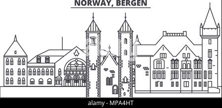 Norwegen, Bergen Linie skyline Vector Illustration. Norwegen, Bergen lineare Stadtbild mit berühmten Wahrzeichen und Sehenswürdigkeiten der Stadt, Vektor Landschaft. Stock Vektor