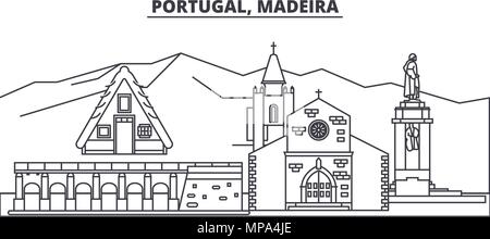 Portugal, Madeira Linie skyline Vector Illustration. Portugal, Madeira lineare Stadtbild mit berühmten Wahrzeichen und Sehenswürdigkeiten der Stadt, Vektor Landschaft. Stock Vektor