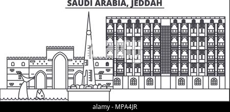 Saudi-arabien, Jeddah Linie skyline Vector Illustration. Saudi-arabien, Jeddah lineare Stadtbild mit berühmten Wahrzeichen und Sehenswürdigkeiten der Stadt, Vektor Landschaft. Stock Vektor