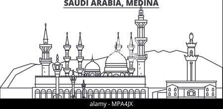 Saudi-arabien, Medina Linie skyline Vector Illustration. Saudi-arabien, Medina lineare Stadtbild mit berühmten Wahrzeichen und Sehenswürdigkeiten der Stadt, Vektor Landschaft. Stock Vektor
