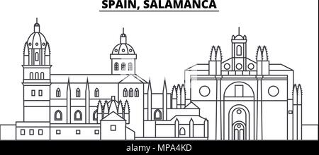 Spanien, Salamanca Linie skyline Vector Illustration. Spanien, Salamanca lineare Stadtbild mit berühmten Wahrzeichen und Sehenswürdigkeiten der Stadt, Vektor Landschaft. Stock Vektor