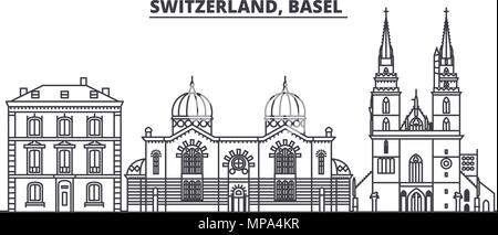 Schweiz, Basel Linie skyline Vector Illustration. Schweiz, Basel lineare Stadtbild mit berühmten Wahrzeichen und Sehenswürdigkeiten der Stadt, Vektor Landschaft. Stock Vektor