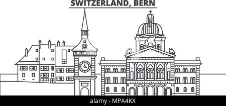 Schweiz, Bern Linie skyline Vector Illustration. Schweiz, Bern lineare Stadtbild mit berühmten Wahrzeichen und Sehenswürdigkeiten der Stadt, Vektor Landschaft. Stock Vektor