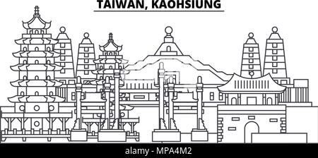 Taiwan Kaohsiung Linie skyline Vector Illustration. Taiwan Kaohsiung lineare Stadtbild mit berühmten Wahrzeichen und Sehenswürdigkeiten der Stadt, Vektor Landschaft. Stock Vektor