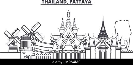 Thailand, Pattaya Linie skyline Vector Illustration. Thailand, Pattaya lineare Stadtbild mit berühmten Wahrzeichen und Sehenswürdigkeiten der Stadt, Vektor Landschaft. Stock Vektor