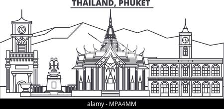 Thailand, Phuket Linie skyline Vector Illustration. Thailand, Phuket lineare Stadtbild mit berühmten Wahrzeichen und Sehenswürdigkeiten der Stadt, Vektor Landschaft. Stock Vektor