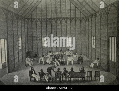 . Englisch: Titel: 'Assemblée des Chefs des Iles Sandwich de conférence avec Le Commandant de la Vénus", von Louis-Jules Masselot. Lithographie, 33,9 x 53,5 cm. Die Zeichnung bilder Hale Kauila in Honolulu. Haus gebaut von kauila Holz, die einmal auf der Straße in Honolulu, die noch den Namen der Gebäude trägt stand. Es diente als großer Rat Kammer oder Rezeption Zimmer für Der König von Hawaii. gezeichnet, die in der Sitzung des King Kamehameha III und Kinau mit dem französischen Kapitän Du Petit Thouars Der fregatte La Venus und der britische Kapitän Edward Belcher der Sloop-Schwefel, in denen Thouars dema Stockfoto