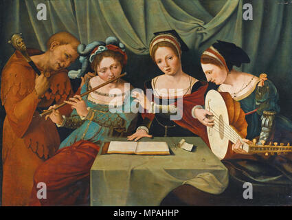 . Englisch: Drei junge Frauen, die Musik mit einem Spaßvogel. zwischen ca. 1500 und ca. 1530. 871 Meister der weiblichen Hälfte - Längen, drei junge Frauen, die Musik mit einem Jester Stockfoto