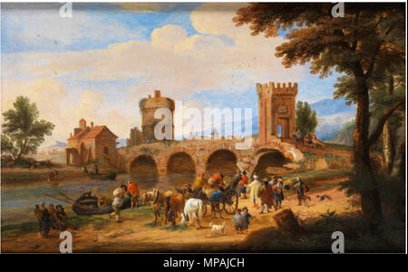 Italianising Flusslandschaft mit Blick auf den Ponte Lucano und das Grab der Plautii in der Nähe von Tivoli zwischen 1682 und 1702. 874 Mathys Schoevaerdts - Italianising Flusslandschaft mit Blick auf den Ponte Lucano und das Grab der Plautii in der Nähe von Tivoli Stockfoto