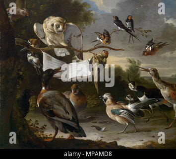 . Das vogelkonzert, signiert und datiert (mit dem Notenbuch): M. de Hondecoeter 1670, Öl auf Leinwand, 84 x 99 cm. 1670. 882 Melchior de Hondecoeter Vogelkonzert Stockfoto