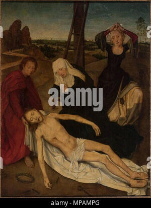Die Klage über den toten Christus. Die mittlere Verkleidung eines Triptychons, Fensterläden, zeigt Jakobus und St. Christopher, werden getrennt und wurden zuletzt am 7. Juli 2010 bei einer Versteigerung bei Christie's in London gesehen. Circa 1470-1475. 883 Hans Memling - Klagelied Stockfoto
