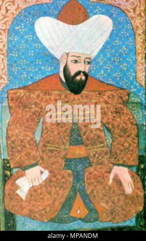 . Englisch: Detail eines osmanischen Miniaturmalerei Darstellung Orhan, Sultan des Osmanischen Reiches aus dem Jahre 1326 bis 1360. Das Gemälde ist im Topkapi Palast Museum in Istanbul in der Türkei erhalten. 16. Jahrhundert. Unbekannt 886 Metehanzade orhangazi Stockfoto