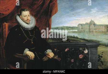 El archiduque Alberto de Österreich. Español: Retrato del archiduque Alberto de Österreich (1559-1621), Que fue hijo del Emperador Maximiliano II de Habsburgo y de la emperatriz María de Austria y Portugal. Nederlands: Portret van Aartshertog Albert van Oostenrijk met Op de achtergrond Het Kasteel van Tervuren. 1615-1625 Öl auf Leinwand. . Ca. 1615. 1273 Workshop von Peter Paul Rubens und Jan Brueghel (I) 001 Stockfoto