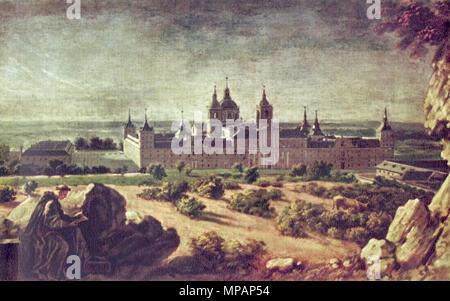 Blick auf das Kloster von El Escorial. Español: Vista General del Monasterio de El Escorial, situado en la Comunidad de Madrid (España). Die ESTA-Perspektive, que Guarda grandes Gleichnisse con la dibujada por Baldi cincuenta años Antes, dejó ser de Real cuando Carlos III mandó larguísima construir La Casa de Infantes levantada por Villanueva frente a la fachada Principal del Duque. Así quedó Roto para Siempre el Singular diálogo entre la Naturaleza circundante y La Fachada principal de El Escorial, expresivo eremítico de Carácter del Este cenobio construido En medio de un 'desierto'. Sólo Stockfoto