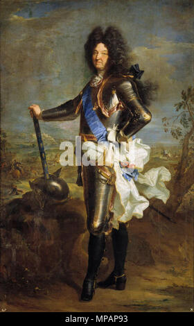 '' Portrait von Louis XIV. von Frankreich (1638-1715). Español: Retrato del rey Luis XIV de Francia (1638-1715), Que fue hijo del rey Luis XIII de Francia y de la Reina Ana de Österreich. El monarca aparece de cuerpo entero, con armadura completa, Delante de un Campo de Batalla, acentuando su aspecto Militar. El bastón de Mando, en el que se ven Las Flores de lis Como símbolo heráldico de los Borbones y La Banda Azul de la Orden del Saint-Esprit completan la Fuerte retórica de poder y Caridad que se aprecia en el retrato. El lienzo, cuyo Fondo de Batalla está realizado por Joseph Parrocel (1646-1704), Stockfoto