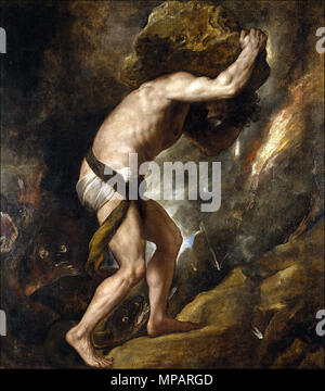 Sisyphus. Español: La Obra-Vertreter eine Sísifo, rey de Éfira y condenado por Zeus a hacer rodar Con Su cabeza y empujando una Gran Roca Cuesta Arriba, que se continuamente precipitaba hacia Abajo, por haber revelado que Zeus gestern secuestrado ein egina. . Zwischen 1548 und 1549. 1032 Strafe sisyph Stockfoto