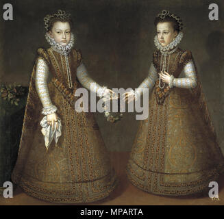 Las Infantas Isabel Clara Eugenia y Catalina Micaela. Español: Retrato de Las Infantas Isabel Clara Eugenia (1566-1633), Que fue hija del rey Felipe II de España y esposa del archiduque Alberto de Österreich, y Catalina Micaela de Austria (1567-1597), Que también fue hija del rey Felipe II y esposa del Duque Carlos Manuel I de Saboya. . Ca. 1575. 674 Isabel Clara Eugenia y Catalina Micaela Stockfoto