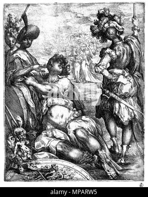 . Englisch: Militärs außerhalb einer Stadt; ein Mann mit einem brustpanzer lehnte sich auf einem Neben militärischen Trophäen drum, eine Frau und ein Mann auf der linken Seite und ein schwertkämpfer von hinten gesehen; zwei Frauen und eine befestigte Stadt im Hintergrund. 1612/6 Radierung mit Walze Inschrift Inhalt: Mit der Produktion ausführlich beschriftet: "bellange Ee in incide." Höhe: 279 mm Breite: 224 mm. 1610 s. Jacques Bellange (1575-1616) Alternative Namen Jacques de Bellange; Jacques Charles de Bellange; Jacques. Bellange; Jacques Bellange Belange; Charles; Jac. Bellange; Charles Stockfoto