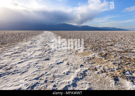 Salt Flats - eine Feder am Abend Blick auf salzkrusten, in interessanten Formen und Mustern, die Erweiterung auf riesigen Salinen am Death Valley National Park. Stockfoto