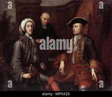 . Englisch: Links: John Montagu, 2. Herzog von Montagu (1690-1749); Center, Hintergrund: unbekannte Minister der Kirche (?); Rechts: James O'Hara, 2. Baron Tyrawley (1682-1774). 1712. Wahrscheinlich von John verelst 903 MontaguTyrawleyUnknown Stockfoto