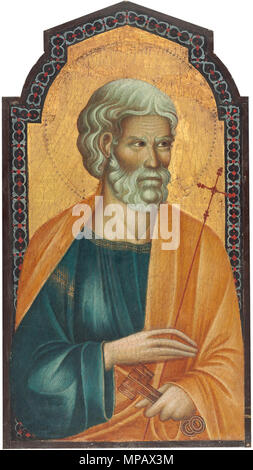 Anhänger von Cimabue, Christus zwischen St. Peter und St. Jakobus Major [Links], Ende des 13. Jahrhunderts, Tempera auf Panel, Andrew W. Mellon Collection. Englisch: Saint Peter Ende des 13. Jahrhunderts Tempera auf der linken Seite (mit Rand Streifen): 66 x 36,2 cm (26 x 14 1/4 in.) Links (ohne Randstreifen): 64,1 x 34,5 cm (25 1/4 x 13 9/16 in.) Washington, National Gallery Kunst Andrew W. Mellon Collection 1937.1.2. a ist nicht auf Anzeigen. 29 Januar 2014, 13:47:30. 903 Der Montor Polyptychon - Sankt Peter Stockfoto