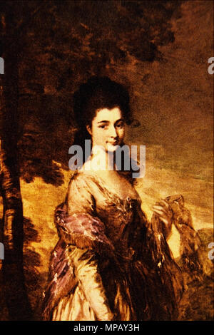 . Drei Viertel 7/8-Länge Version einer full-length Portrait von Frau Lowndes-Stone (1758-1837), geborene Elizabeth Garth, über die Zeit Ihrer Ehe zu ihrem Cousin William Lowndes-Stone im Jahre 1775. Sie ist in einem bewaldeten Landschaft dargestellt, trug einen lachsfarbenen Seidenkleid und eine transparente Gaze Schal mit Fransen getrimmt; ihre unpowdered braunes Haar ist wieder aus dem Gesicht gewischt und fällt in Locken um ihre Schultern. Das Porträt der Frau Lowndes-Stone ist häufig verwechselt und/oder als ein Porträt der Lady Elizabeth Conyngham von Sir Thomas Lawrence ab Anfang der 1820er Jahre erkannte ( Stockfoto