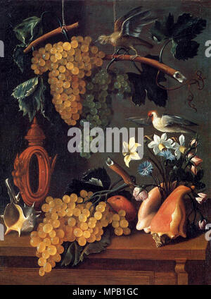 Englisch: Still-Life mit Trauben, Blumen und Muscheln Français: Nature morte aux fleurs et Coquillages Rosinen, der ersten Hälfte des 17. Jahrhunderts. 919 Juan de Espinosa-Still Leben mit Trauben Stockfoto