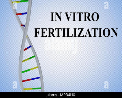 3D-Darstellung der IN-VITRO-FERTILISATION script mit DNA-Doppelhelix, Farbverlauf rot, isoliert. Stockfoto