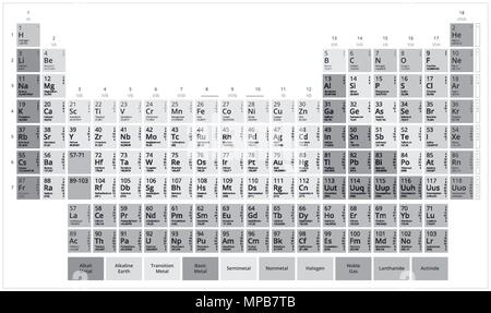Mendelejew's Table. Graustufen Periodensystem der Elemente. Flache Vektorgrafik isoliert auf weißem Hintergrund. Stock Vektor