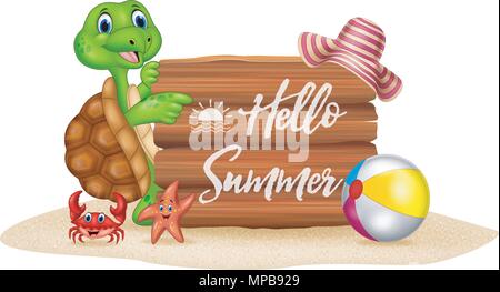 Sommerurlaub mit cartoon Schildkröte und Holzschild Stock Vektor