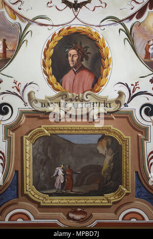 Italienische mittelalterlichen Dichter Dante Alighieri im Deckenfresko der Vasari Korridor in den Uffizien (Galleria degli Uffizi) in Florenz, Toskana, Italien dargestellt. Dante und Vergil in der Hölle sind in das Medaillon unter dem Porträt dargestellt. Stockfoto