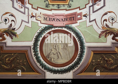 Italienische Renaissance Bildhauer Michelangelo Buonarroti arbeiten auf dem Marmor statue des David in das Deckenfresko im Vasari Korridor in den Uffizien (Galleria degli Uffizi) in Florenz, Toskana, Italien dargestellt. Stockfoto