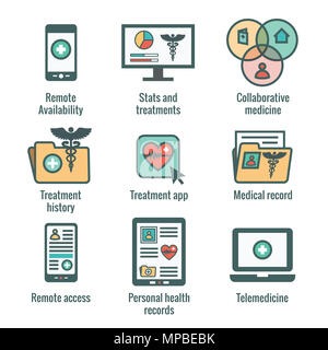 Telemedizin und Patientenakten Icon Set w Caduceus, Datei, Ordner, Computer, etc. Stockfoto