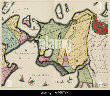 . Deutsch: uit 1746 Kaart van het Hoogheemraadschap van Rijnland, deelgebied Amsterdam Halfweg - haarlemmerliede. Deze kaart ist de derde van de overzichtskaart uitgave van 1647, vervaardigd Tür de landmeters Jan Janszoon (Johannes) Douw en Steven Pieterszoon van Brouckhuijsen. De Tweede uitgave, herzien Tür Johan Douw, werd Uitgegeven im Jahre 1687. Deze derde uitgave uit 1746 ist ingrijpend herzien Tür landmeter Melchior Bolstra. De wijzigingen vooral betrekking hebben op het in kaart brengen van uitgestrekte veenplassen en Schilf drooggemaakte veenplassen. Het artikel voldoet Plassen ontstaan ab 15. Stockfoto