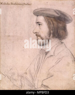 . Englisch: Portrait von Nicolas Bourbon. Schwarze und farbige Kreide, Feder und Tinte auf Rosa - grundiert Papier, 38,4 × 28,3 cm, Royal Collection, Windsor Castle. Der französische Dichter Nicolas Bourbon (1503-nach 1550) met Holbein, als der ehemalige nach England im Jahre 1535 kam, nachdem in Frankreich für die Unterstützung der religiösen Reform inhaftiert. Er wurde begrüßt und in England von Anne Boleyn, eine reformistische und Schirmherrin der Holbein geholfen. Dies ist eine vorbereitende Zeichnung für eine Malerei, die jetzt verloren. Der Malerei, Bourbon schrieb: 'Hans in mir Malerei war größer als Apelles', bezieht sich auf die berühmte Maler der griechischen Antike (Su Stockfoto