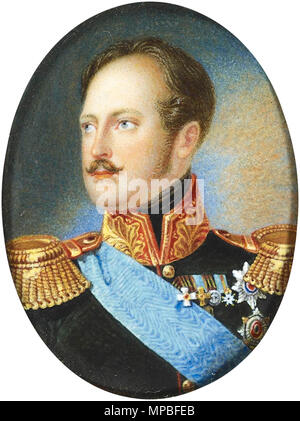 . Englisch: Nikolaus I., Kaiser von Russland (1796-1855) Diese Miniatur in der Emaille Inventar von 1877 von Lee im Jahre 1845 gemalt worden zu sein, obwohl er von Königin Victoria im Jahre 1844 in Auftrag gegeben und in Ihre privaten Konten aufgelistet zu diesem Zeitpunkt: "Lee für Emails des Kaisers von Rußland, der Herzog von Braunschweig & Prinz Chas: Ed 2d Pretender £ 53.0.0." (RA VIC/ADDT/231/67). Es ist nach einem Gemälde von Franz Krüger (1797-1857) von einer Gravur bekannt von Carl Mayer (RCIN 614567). Der Kaiser ist in der imperialen russischen Uniform mit der Multifunktionsleiste und Stern des Ordens des hl. Andreas, des Sta gezeigt Stockfoto