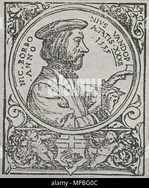 . Englisch: Nicolas Bourbon. Holzschnitt. Der französische Dichter Nicolas Bourbon (1503-nach 1550) met Holbein, als der ehemalige nach England im Jahre 1535 kam, nachdem in Frankreich für die Unterstützung der religiösen Reform inhaftiert. Er wurde begrüßt und in England von Anne Boleyn, eine reformistische und Schirmherrin der Holbein geholfen. Dieser holzschnitt ist auf einem Gemälde, jetzt verloren, oder auf die Studie Holbein. Der holzschnitt stellt die Abbildung in der umgekehrten Richtung, aber immer noch mit der rechten Hand zu schreiben. Der Malerei, Bourbon schrieb: 'Hans in mir Malerei war größer als Apelles', bezieht sich auf die berühmte Maler der Griechischen ein Stockfoto