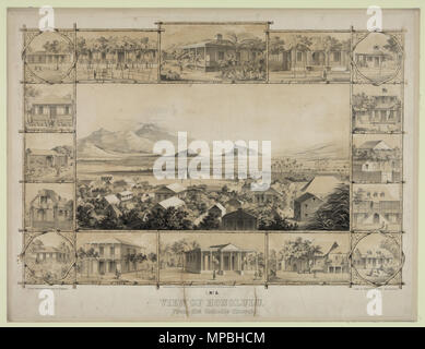 . Englisch: Nr. 5. Blick auf Honolulu. Von der Katholischen Kirche. Von Paul Emmert, Lithographie von Britton & Rey, San Francisco, 1854. Warren Goodale (1897). "Honolulu 1853'. Papiere der Hawaiischen historischen Gesellschaft. Hawaiian historischen Gesellschaft. . Ca. 1853. Paul Emmert (1826 - 1867) Alternative Namen Paul Emert Beschreibung Schweizer Maler Geburtsdatum / Tod 1826 1867 Ort der Geburt / Todes Bern, Schweiz, Honolulu, Hawaii, Vereinigte Staaten von Amerika arbeiten Zeitraum 1845 - 1867 Standort New York, Kalifornien, Hawaii Authority control: Q 7150498 VIAF: 96548212 ULAN: 500116954 932 Stockfoto