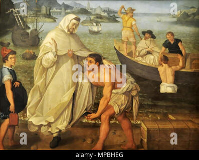 San Pedro Nolasco embarca para redimir cautivos. Español: La Obra-Vertreter ein San Pedro Nolasco embarcándose para ir a redimir cautivos en poder de los musulmanes, y procede del Convento de la Merced de Sevilla. José María Asensio identificó La figura del barquero Como un posible retrato del escritor insigne Miguel de Cervantes, basándose en el'Libro de retratos de Pacheco y en una Relación'' anónima Del Siglo XVII donde se recogía que'al Lado de Padres mercedarios, El Pintor gestern situado a Varios cautivos conocidos, entre Ellos ein Cervantes' (José Luis Gonzalo Sánchez-Molero, La Epístol Stockfoto