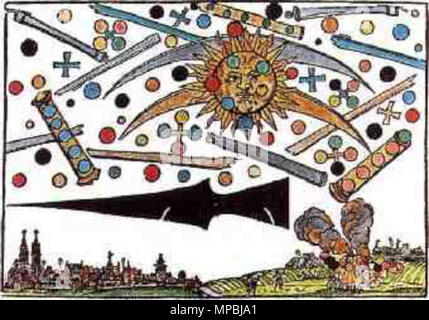 . Englisch: außerordentliches Ereignis über Nürnberg, Deutschland. 14. April 1561. Hans Glaser Holz-cut aus dem Jahr 1566, 5 Jahre nach dem Ereignis. Oft als eine UFO-Sichtung beschrieben. Wissenschaftler erklären diese Art von Bild als Vertretung der Aurora borealis oder "un-Hunde" (Parhelion). 936 Nürnberg 14.April 1561 Stockfoto