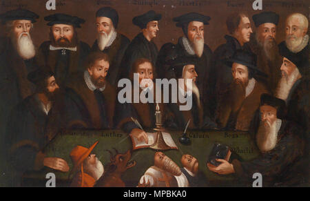 Die Reformatoren. Reformatoren Heinrich Bullinger, Girolamo Zanchi, John Knox, Huldrych Zwingli, Pietro Martir Vermigli, Martin Bucer, Hieronymus von Prag, William Perkins, Jan Hus, Philipp Melanchthon, Martin Luther, Jean Calvin, Theodore Beza und John Wyclif um einen Tisch sitzend/Holzbilderrahmen sterben, im Vordergrund ein Kardinal, ein Teufel, ein Papst und ein Mönch beim vergeblichen Versuch, das Licht auf dem Leuchter auszublasen, Öl auf Leinwand, 87 x 142 cm, die deutsche Schule des frühen 17. Jahrhunderts. 17. Jahrhundert. Anonyme 1045 Reformatoren Gruppenportrait Stockfoto