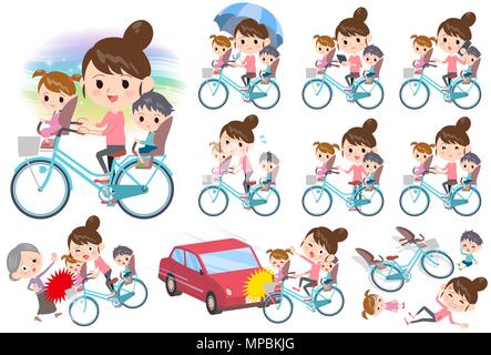 Satz von verschiedenen Posen von Mutter und 2 Kinder reiten auf Stadt Fahrrad Stock Vektor