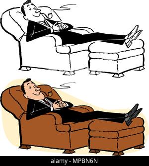 Ein Mann entspannt sich beim Rauchen einer Pfeife in seinem Klubsessel und Ottomane. Stock Vektor