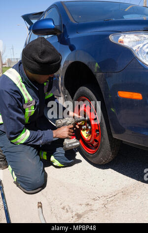 Ein Servicetechniker oder Person ein Reserve Reifen oder Reifen mit einem Schlagschrauber. Stockfoto
