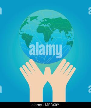 Speichern Sie die Erde Konzept. flache Hand decken einen Planeten mit Farbverlauf Hintergrund Vector Illustration. Grüne Welt mit Hand Stock Vektor