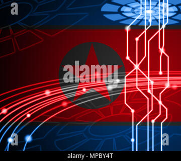 Cyber-angriffe Risiken durch die Nordkoreaner 3d-Abbildung. Zeigt Hack von Nordkorea und Ransomware oder Online Cyberkriminalität Sicherheit Betrug Web Schutz Stockfoto