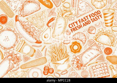 Fast food handgezeichnete Vektorgrafiken. Street Food Banner Design vorlage. Können Sie für Fast Food Restaurant oder Cafe Menü oder das Design der Verpackung. Stock Vektor