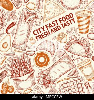 Fast food handgezeichnete Vektorgrafiken. Street Food Banner Design vorlage. Können Sie für Fast Food Restaurant oder Cafe Menü oder das Design der Verpackung. Stock Vektor